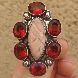 New Oversized Rhodochrosite & Garnet 925 Silver Statement Ring.